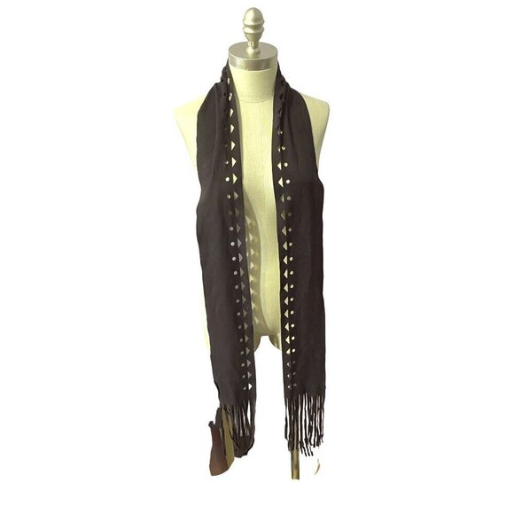 Jane & Berry Black Suede Like Scarf 4.5”x 84” Long Fringe & Cut Out Detail NWT - Picture 1 of 10